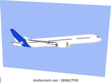 Airbus A350. Modern airliner. Commercial jet plane in blue sky. Vector drawing for illustrations.