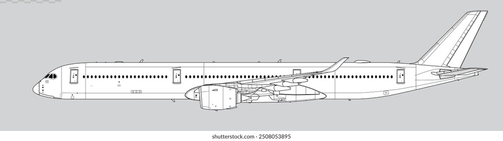 Airbus A350-1000. Vector drawing of long-range, passenger jet airliner. Side view. Image for illustration and infographics.