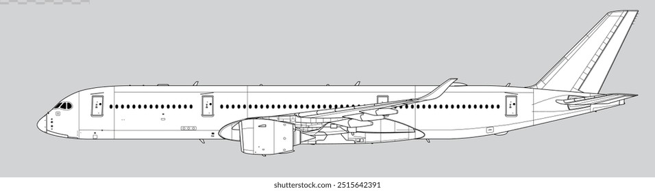 Airbus A350-900. Vector drawing of long-range passenger jet airliner. Side view. Image for illustration and infographics.