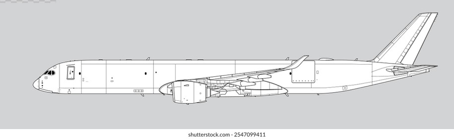 Desenho vetorial dos aviões a jato de carga. Vista lateral. Imagem para ilustração e infográficos.