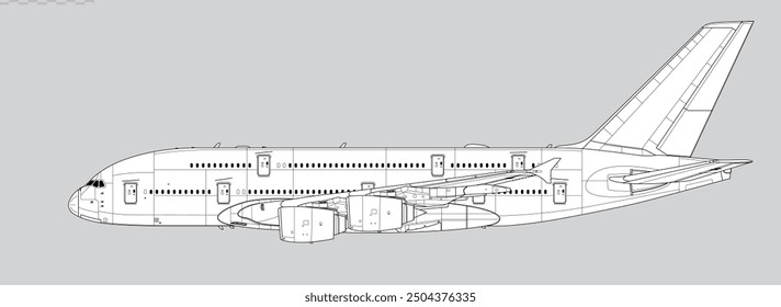 Airbus A380-800. Vector drawing of long-range, passenger jet airliner. Side view. Image for illustration and infographics.