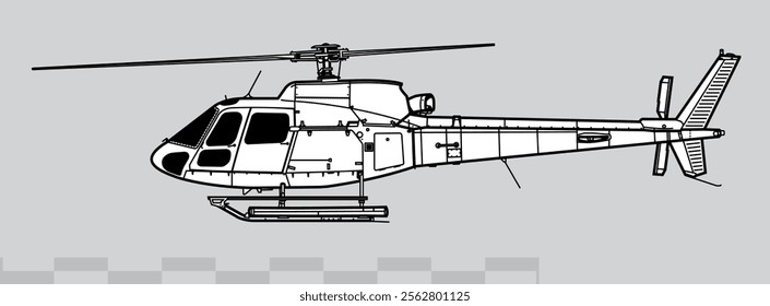 Airbus Helicopters H125. Eurocopter AS350 Ecureuil. Vector drawing of light utility helicopter. Side view. Image for illustration and infographics.