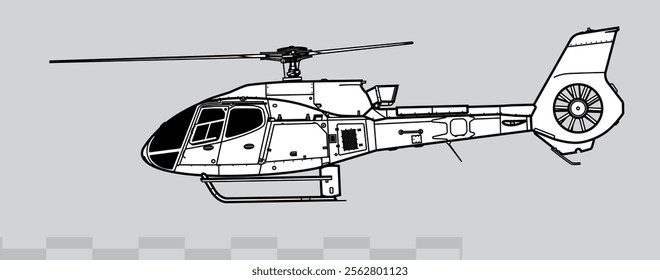 Airbus Helicopters H130. Eurocopter EC130. Vector drawing of light utility helicopter. Side view. Image for illustration and infographics.