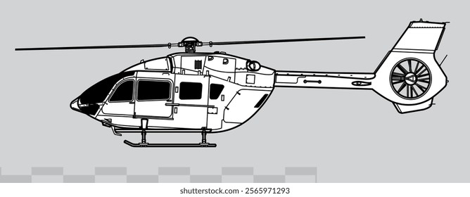 Airbus Helicopters H145. Eurocopter EC145 T2. Vector drawing of light utility helicopter. Side view. Image for illustration and infographics.