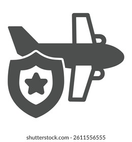 Airbus plane and safety emblem solid icon, tropical voyage concept. Vector graphics. Regular airplane and service shield sign on white background, glyph style icon for mobile or web design