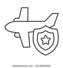 Airbus plane and safety emblem thin line icon, tropical voyage concept. Vector graphics. Regular airplane and service shield sign on white background, outline style icon for mobile or web design