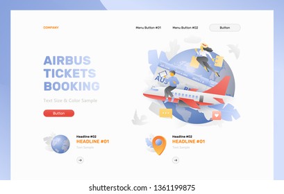 Airbus tickets booking landing page vector template. Tiny people booking plane tickets and going to vacation. Vector modern layout with gradients.