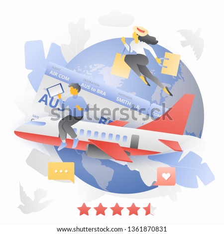 Airbus tickets booking metaphor. Tiny people booking plane tickets and going to vacation.