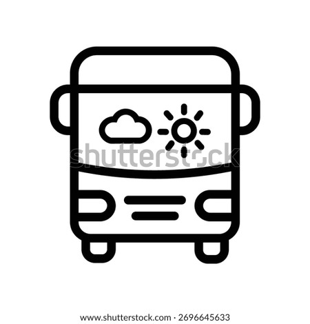 Air-conditioned bus line icon, outline illustration of a bus with air ventilation and snowflake symbols, representing comfort travel or climate-controlled transportation service