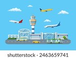 Aircraft above the ground. Airport control tower, terminal building and parking area. Road with bus and taxi. Sky with clouds and sun. Vector illustration in flat style