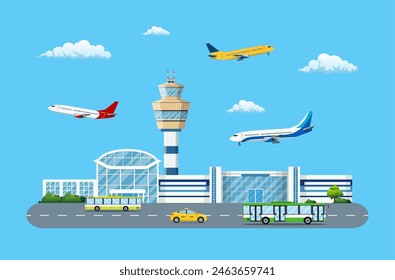 Aircraft above the ground. Airport control tower, terminal building and parking area. Road with bus and taxi. Sky with clouds and sun. Vector illustration in flat style