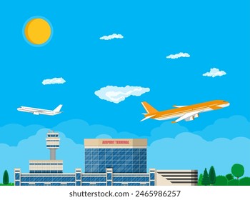 Aircraft above the ground. Airport control tower, terminal building and parking area. Sky with clouds and sun. Vector illustration in flat style