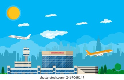 Aircraft above the ground. Airport control tower, terminal building and parking area. Cityscape. Sky with clouds and sun. Vector illustration in flat style