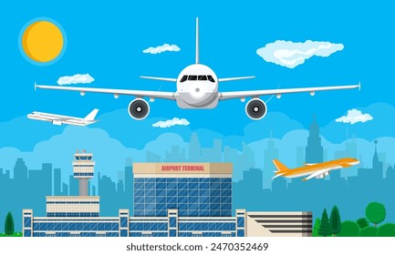 Aircraft above the ground. Airport control tower, terminal building and parking area. Cityscape. Sky with clouds and sun. Vector illustration in flat style