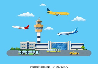 Aircraft above the ground. Airport control tower, terminal building and parking area. Road with bus and taxi. Sky with clouds and sun. Vector illustration in flat style