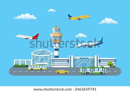 Aircraft above the ground. Airport control tower, terminal building and parking area. Road with bus and taxi. Sky with clouds and sun. Vector illustration in flat style