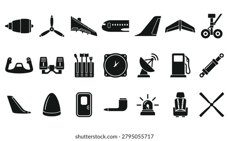 Aircraft and aerospace engineering icons set showing plane components
