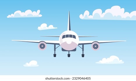 Aircraft air plane flight flying in sky clouds concept. Vector graphic design illustration
