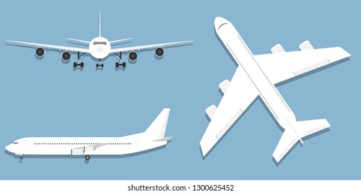 Aircraft, airplane, airliner in different point of view vector. Flying airplane, jet aircraft, airliner. Top, front, side, 3d perspective view of detailed passenger air plane isolated.