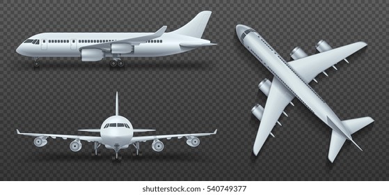 Aircraft, airplane, airliner in different point of view vector. Set of air plane front side and top illustration.