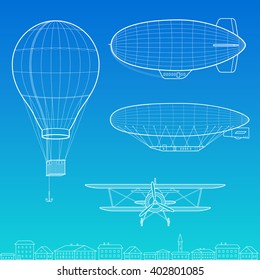 Aircraft, airplane, hot air balloon. Vector logo. Retro airship or transport icon.