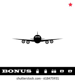 Aircraft or Airplane icon flat. Black pictogram on white background. Vector illustration symbol and bonus button open and closed lock, folder, star