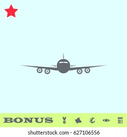 Aircraft or Airplane icon flat. Grey pictogram on blue background. Vector illustration symbol and bonus buttons medal, cow, earth, eye, calculator