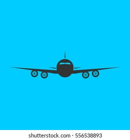 Aircraft or Airplane icon flat. Simple vector black pictogram on blue background
