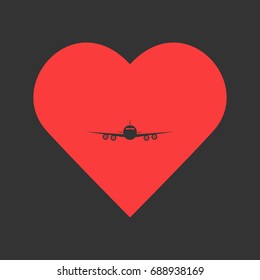 Aircraft or Airplane icon flat. Simple pictogram on heart background. Vector illustration symbol