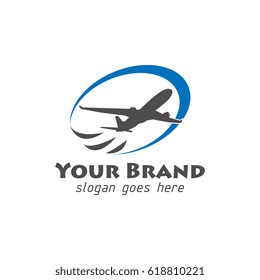 Aircraft or airplane logo with blue swoosh for travel company