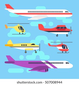 Aircraft, airplane, plane, helicopter for transportation and air trip. Flat icons vector illustration set