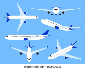 Aircraft. Airplane top, side and front view, fast transport charter. Cargo airlines with wing, commercial journey trip and travel aviation passenger plane flat vector set isolated on blue background