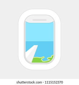 Aircraft, airplane windows with cloudy blue sky outside. Travel or tourism concept. Vector illustration.