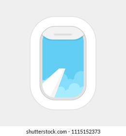 Aircraft, airplane windows with cloudy blue sky outside. Travel or tourism concept. Vector illustration.