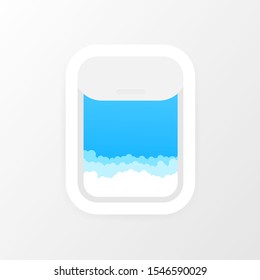 Aircraft, airplane windows with cloudy blue sky outside. Vector stock illustration.