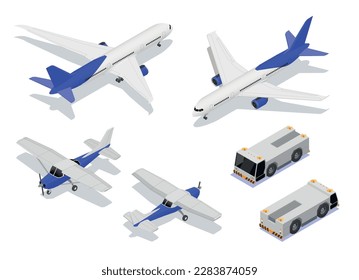 Equipo isométrico de reparación de servicios de mantenimiento de aviones de aeronaves con imágenes aisladas de aviones y camiones de carga aeroportuaria ilustración vectorial