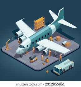 Aircraft airplanes maintenance service repair isometric composition with isolated view of hangar with plane and workers vector illustration