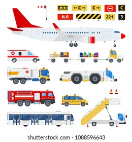 Aircraft and Airport transportation vector flat material design set. Fire engine, ladder on wheels, automotive fuel, passenger bus, ambulance, road signs isolated illustration on white.