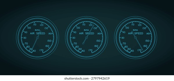 Aircraft airspeed indicator technical blueprints, stylized vector illustration