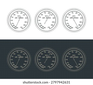 Aircraft airspeed indicator technical blueprints, stylized vector illustrations