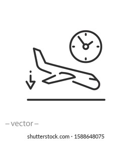 aircraft arrival time, plane landing, thin line web symbol on white background - editable stroke vector illustration eps10