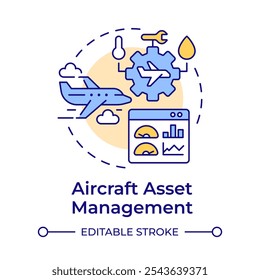 Aircraft asset management multi color concept icon. Airplane maintenance, engineering. Round shape line illustration. Abstract idea. Graphic design. Easy to use in infographic, presentation