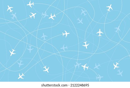 Luftfahrzeug-Hintergrund. Vektorgrafik von Flugzielen nahtloser Hintergrund. Planen sind Symbol in blauem Himmel. Luftfahrtindustrie und Reisekonzept.