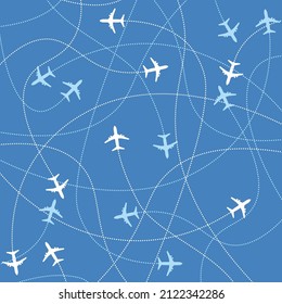 Aircraft background. Vector illustration of airplane destinations seamless background. Airline industry and traveling concept. Planes icon in blue sky.