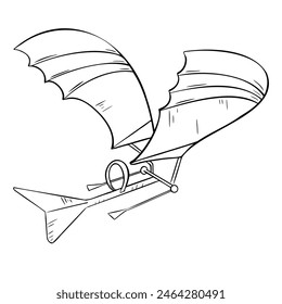 Flugzeug-Vektorillustration mit schwarz-weißer Kontur isoliert. Erste Erfindung Flugzeug in Tinte Umriss handgezeichnet. Lufttransportelement für Designkarosserieteile. Klassische Flugzeugsilhouette