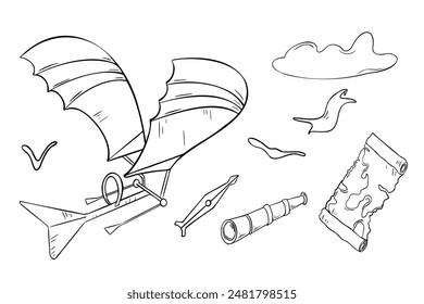 Aircraft black and white contour vector illustration isolated. First Invention airplane in ink outline hand drawn. Monochrome set of plane, clouds, birds elements. Map, spyglass, compass line art