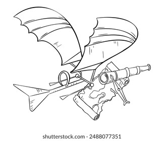 Flugzeug-Vektorillustration mit schwarz-weißer Kontur isoliert. Erste Erfindung Flugzeug in Tinte Umriss handgezeichnet. Lufttransportelement für Designkarosserieteile. Flugreisekarte, Spyglass, Kompass