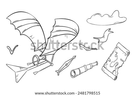 Aircraft black and white contour vector illustration isolated. First Invention airplane in ink outline hand drawn. Monochrome set of plane, clouds, birds elements. Map, spyglass, compass line art