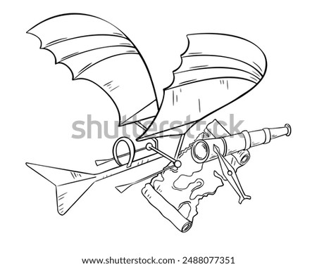 Aircraft black and white contour vector illustration isolated. First Invention airplane in ink outline hand drawn. Air transport element for design boy products. Air traveler map, spyglass, compass