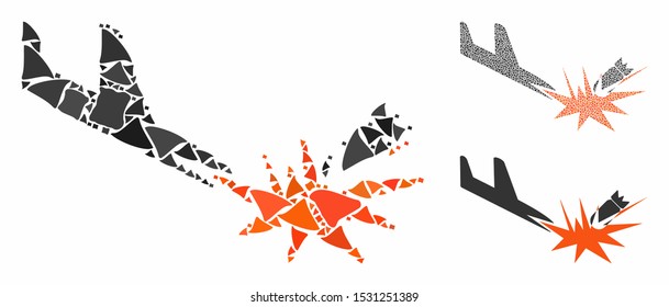 Aircraft bomb explosion composition of trembly elements in various sizes and color hues, based on aircraft bomb explosion icon. Vector irregular elements are composed into collage.
